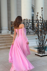 Timeless Pink One shoulder Sweetheart Chiffon Evening Dresses Gem With Lace-Up Back