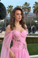 Timeless Pink One shoulder Sweetheart Chiffon Evening Dresses Gem With Lace-Up Back