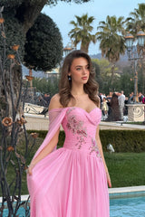 Timeless Pink One shoulder Sweetheart Chiffon Evening Dresses Gem With Lace-Up Back