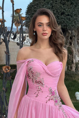 Timeless Pink One shoulder Sweetheart Chiffon Evening Dresses Gem With Lace-Up Back