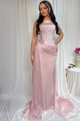 Graceful Dusty pink Strapless Sleeveless Mermaid Evening Dresses Column Gem With Pleats