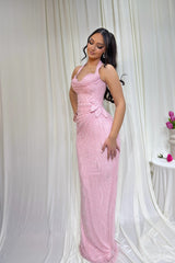 Timeless Pink Halter Sleeveless Mermaid Evening Dresses Sheath Floor Length With Pleats