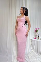 Timeless Pink Halter Sleeveless Mermaid Evening Dresses Sheath Floor Length With Pleats