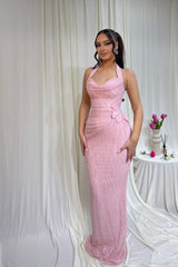 Timeless Pink Halter Sleeveless Mermaid Evening Dresses Sheath Floor Length With Pleats