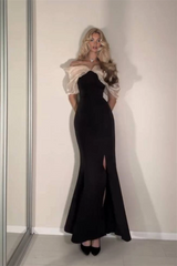 Glamorous Black Off The Shoulder Satin Mermaid Evening Dresses Column With High Split