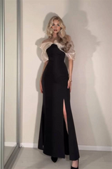 Glamorous Black Off The Shoulder Satin Mermaid Evening Dresses Column With High Split