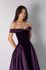 Glamorous Grape Off The Shoulder Satin Evening Dresses A-Line Floor Length With Pleats