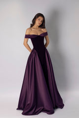 Glamorous Grape Off The Shoulder Satin Evening Dresses A-Line Floor Length With Pleats