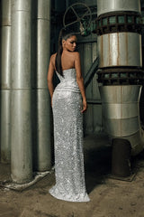 Dazzling Silver Sweetheart Strapless Sleeveless Mermaid Evening Dresses High Split With Lace-Up Back