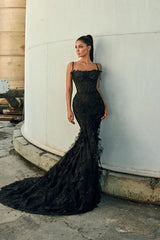 Graceful Black Spaghetti-Straps Sleeveless Mermaid Evening Dresses Beads With Lace-Up Back