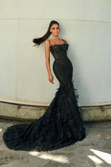 Graceful Black Spaghetti-Straps Sleeveless Mermaid Evening Dresses Beads With Lace-Up Back
