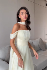 Graceful Off The Shoulder A-Line Evening Dresses Floor Length With Pleats