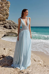 Glamorous Sky Blue Straps Sleeveless Chiffon Evening Dresses Gem With Pleats Zipper