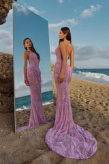 Glamorous Lavender Halter V-Neck Sleeveless Lace Evening Dresses Mermaid With Pleats