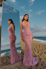 Glamorous Lavender Halter V-Neck Sleeveless Lace Evening Dresses Mermaid With Pleats