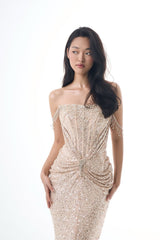 Glamorous Champagne Off The Shoulder Sequins Evening Dresses Mermaid Gem With Pleats