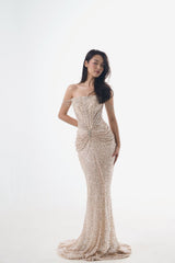 Glamorous Champagne Off The Shoulder Sequins Evening Dresses Mermaid Gem With Pleats