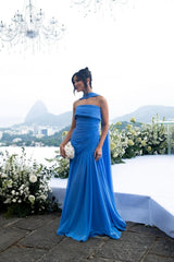 Glamorous Blue Strapless Sleeveless Chiffon Evening Dresses Floor Length With Pleats Zipper