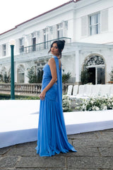 Glamorous Blue Strapless Sleeveless Chiffon Evening Dresses Floor Length With Pleats Zipper