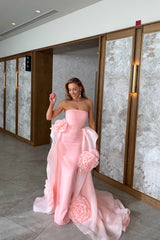Timeless Pink Strapless Sleeveless Satin Mermaid Evening Dresses Sheath With Flower
