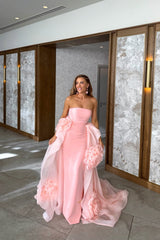 Timeless Pink Strapless Sleeveless Satin Mermaid Evening Dresses Sheath With Flower
