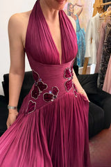 Glamorous Halter V-Neck Sleeveless A-Line Evening Dresses Gem With Pleats