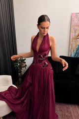 Glamorous Halter V-Neck Sleeveless A-Line Evening Dresses Gem With Pleats
