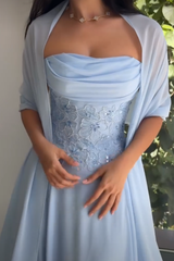 Chic Sky Blue Strapless Sleeveless Chiffon Evening Dresses Beads With Lace-Up Back