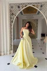 Pretty Daffodil Strapless Sleeveless Satin Evening Dresses A-Line Floor Length With Pleats