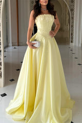 Pretty Daffodil Strapless Sleeveless Satin Evening Dresses A-Line Floor Length With Pleats