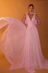 Romantic Pink V-Neck Sleeveless Chiffon Evening Dresses Floor Length With Pleats