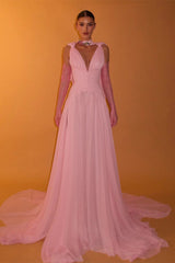 Romantic Pink V-Neck Sleeveless Chiffon Evening Dresses Floor Length With Pleats