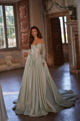 Glamorous Sweetheart Long Sleeves Satin Evening Dresses A-Line With Lace-Up Back