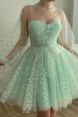Dazzling High Collar long Sleeves Sweetheart Tulle Homecoming Dresses Mini With Pleats