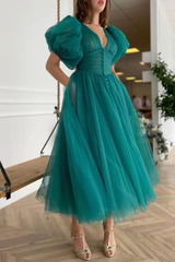 Romantic V-Neck Short Sleeves Tulle Evening Dresses Ankle Length With Pleats