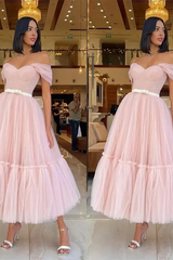 Pretty Pink Sweetheart Off The Shoulder Tulle Evening Dresses Ankle Length With Pleats