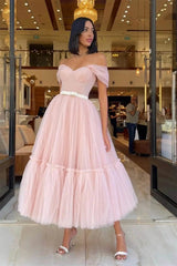 Pretty Pink Sweetheart Off The Shoulder Tulle Evening Dresses Ankle Length With Pleats