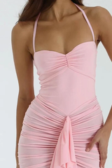 Chic Pink Halter Sweetheart Sleeveless Mermaid Evening Dresses Column With Pleats