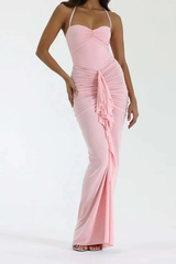 Chic Pink Halter Sweetheart Sleeveless Mermaid Evening Dresses Column With Pleats