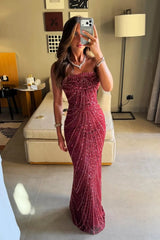 Chic Burgundy Strapless Sleeveless Mermaid Evening Dresses Sheath With Beads Zipper