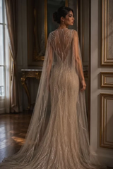 Romantic V-Neck Sleeveless Sequins Mermaid Evening Dresses Column Backless With Cape