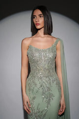 Glamorous Dusty Sage One Shoulder Sleeveless Mermaid Evening Dresses Sheath Sequins With Beads