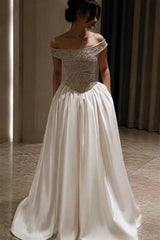 Graceful Off The Shoulder Satin Evening Dresses A-Line Gem Pockets With Pleats Zipper