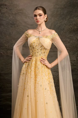 Timeless Gold Off The Shoulder Tulle Evening Dresses A-Line Sequins With Beads