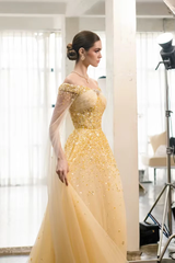 Timeless Gold Off The Shoulder Tulle Evening Dresses A-Line Sequins With Beads