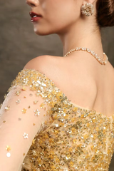 Timeless Gold Off The Shoulder Tulle Evening Dresses A-Line Sequins With Beads