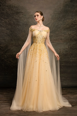 Timeless Gold Off The Shoulder Tulle Evening Dresses A-Line Sequins With Beads