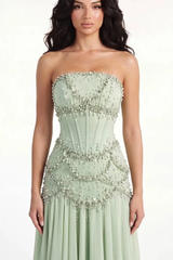 Timeless Dusty Sage Strapless Sleeveless Chiffon Evening Dresses Beads Pearls With Lace-Up Back