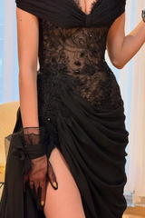Graceful Black Off The Shoulder Lace Evening Dresses High Split With Beads