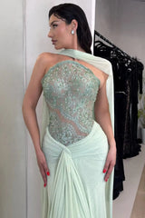 Glamorous Dusty Sage Strapless Sleeveless Mermaid Evening Dresses Sheath Gem With Pleats